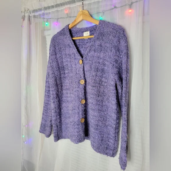 Alps Fuzzy Knit Cardigan Sweater Large Periwinkle Purple Cozy Chunky Wool Blend - Picture 9 of 10